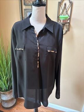 Calvin Klein Black Blouse with Leopard Trim